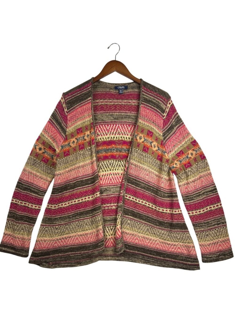 Chaps Multicolor Striped Open-Front Cardigan - Pink, Brown, Cream